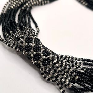 Vtg. Black & Silver Multi-Strand Beaded Necklace Boho Indie Statement 15″ Drop